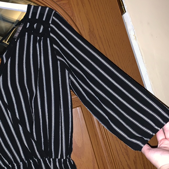 Rags To Wishes Black & White Vertical Stripe Surplice V-Neckline Short Romper - Picture 9 of 16